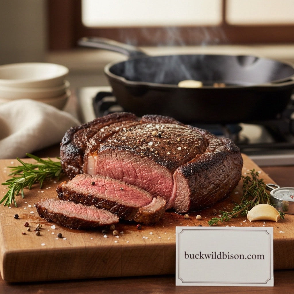 Bison ribeye steak cooked in a cast-iron skillet