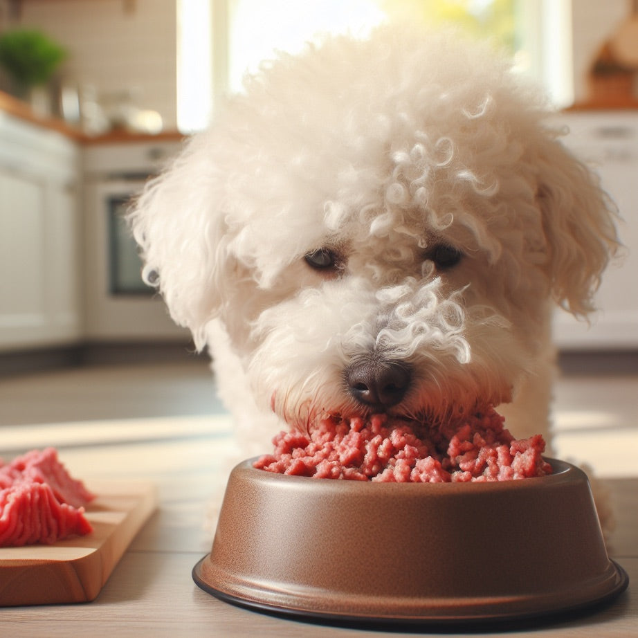 bichon dog eating raw dog food