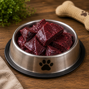 Stainless steel bowl with dog food on a wooden surface