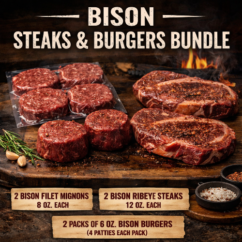 Bison steaks and burgers bundle with packaging on a wooden surface.