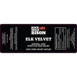 Buck Wild Bison Elk Velvet supplement label on a white background