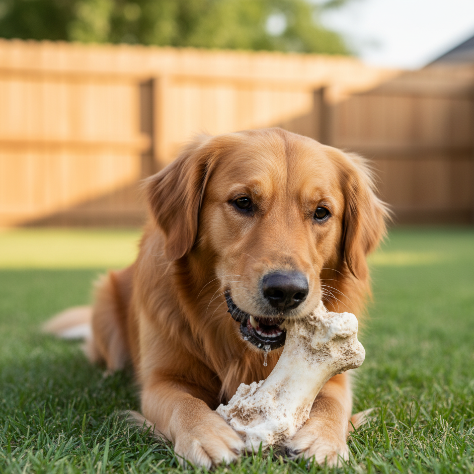 Dog chewing on a bone in a grassy backyard