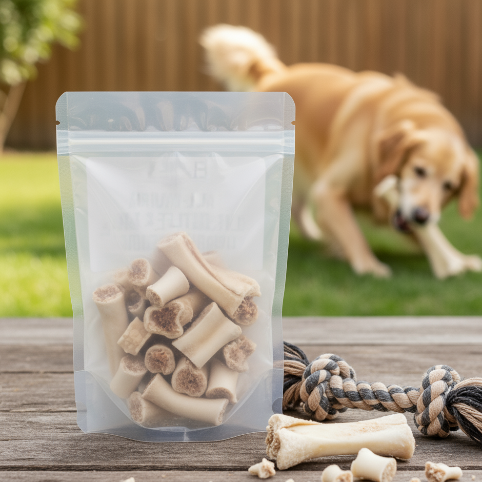 Bag of dog bones with a dog playing in the background