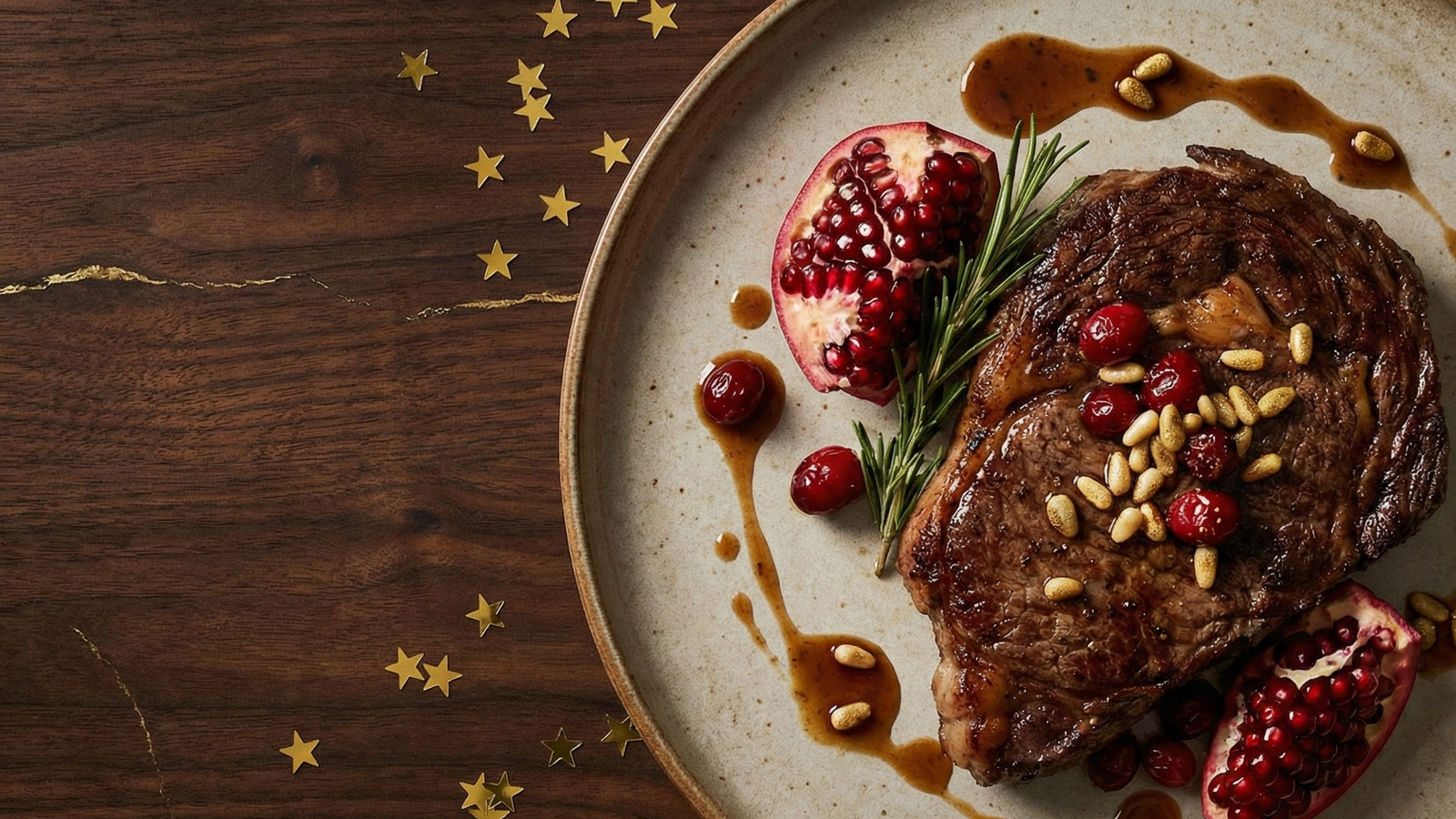 Bison steak with pomegranate and rosemary on a plate with a wooden background