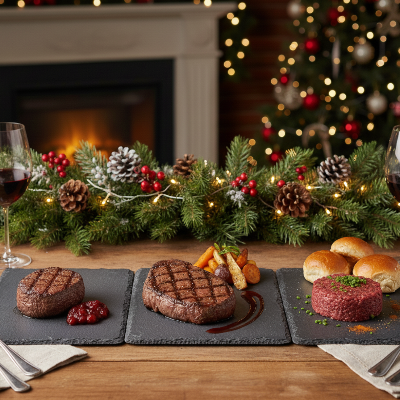 Dinner setup with grilled elk steaks, bread, and wine glasses on a table decorated with Christmas garland and tree.