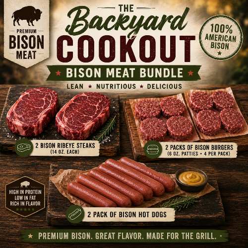 Advertisement for The Backyard Cookout Bison Meat Bundle with various bison products on a wooden surface.