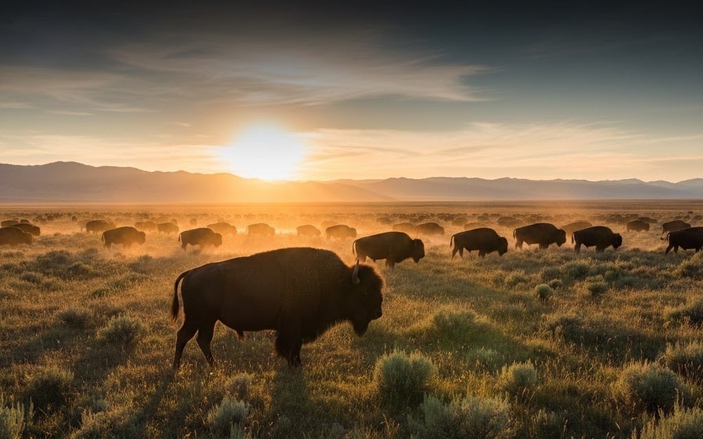 Buffalo grazing in a field with a sunset in the background