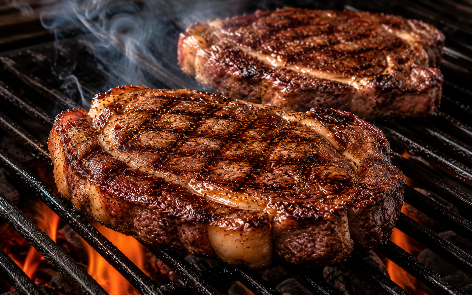 bison ribeye steaks on a grill