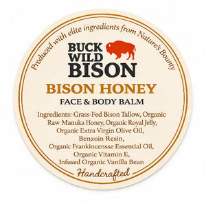 Buck Wild Bison bison honey face and body balm label on a white background
