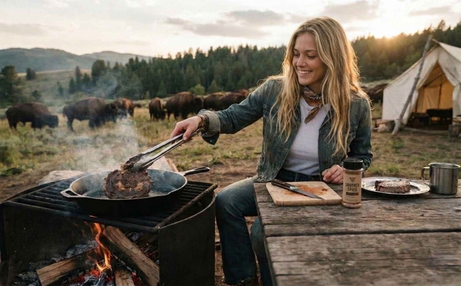 blonde woman grilling bison steaks
