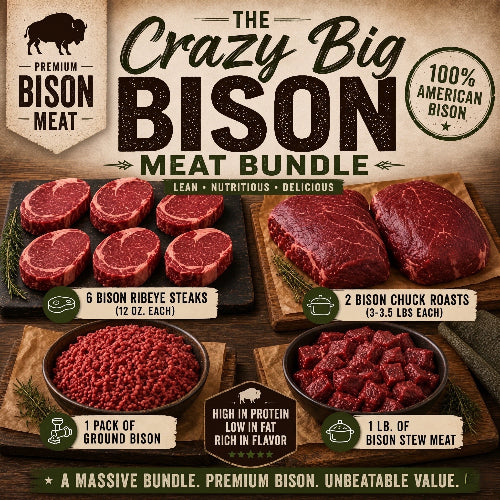 Advertisement for 'The Crazy Big Bison' meat bundle with various bison meats displayed.