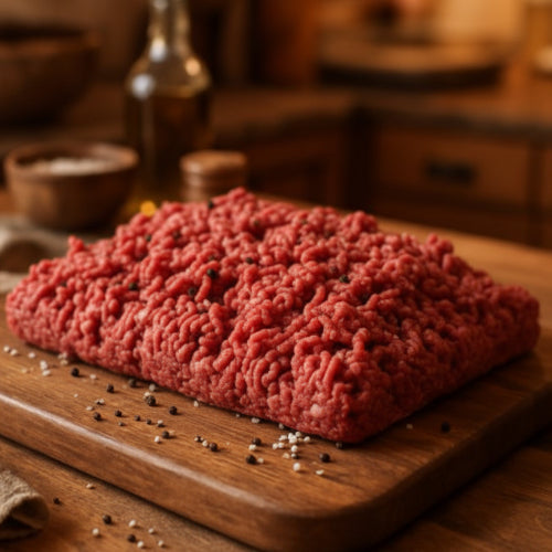 ground elk meat on cutting board