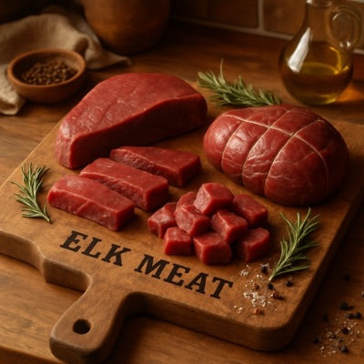 Sliced elk meat on a wooden cutting board with rosemary and spices.